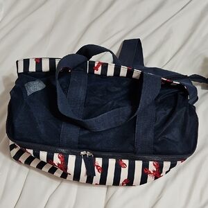 Navy and White Striped Tote Bag with Red Lobster Print